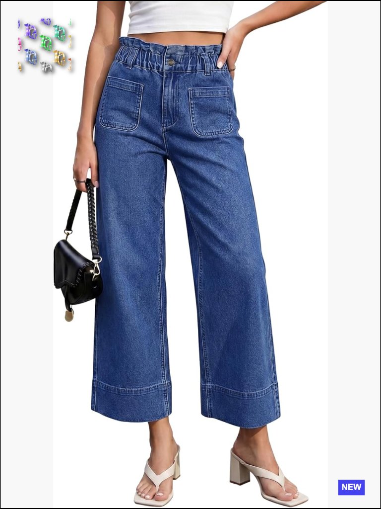 Wide Leg Cropped Jeans High Waisted Paper Bag Waist Stretchy Trouser Denim Pants